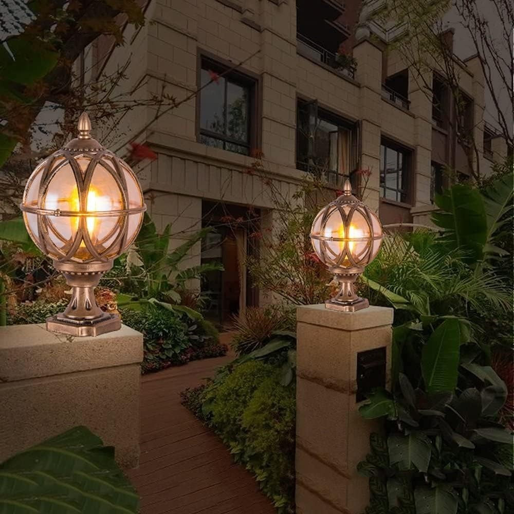 Vintage Globe Outdoor Post Light, IP55 Waterproof, E27 Base, Black Lantern