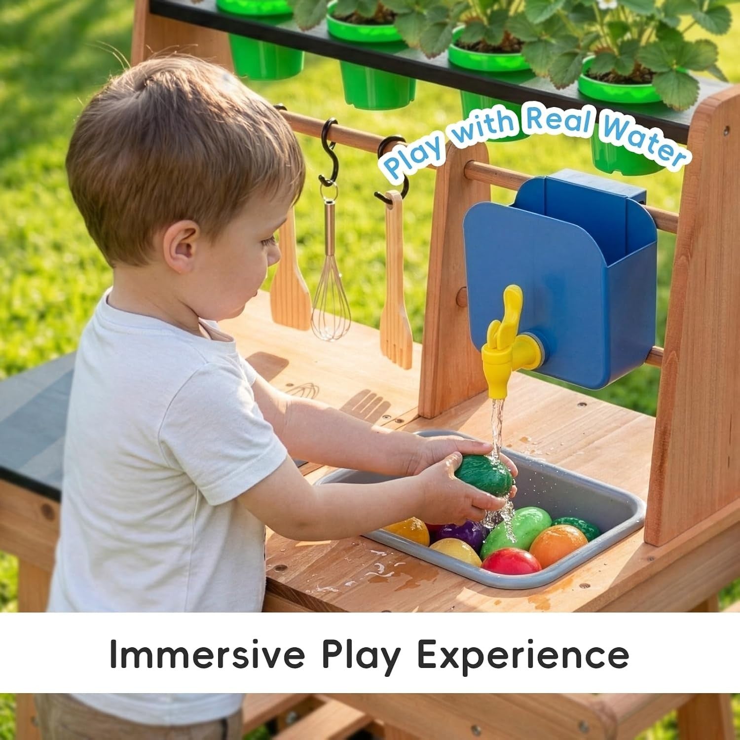 Wooden Mud Kitchen for Kids Outdoor Playset w/ Wheels Sink Stove