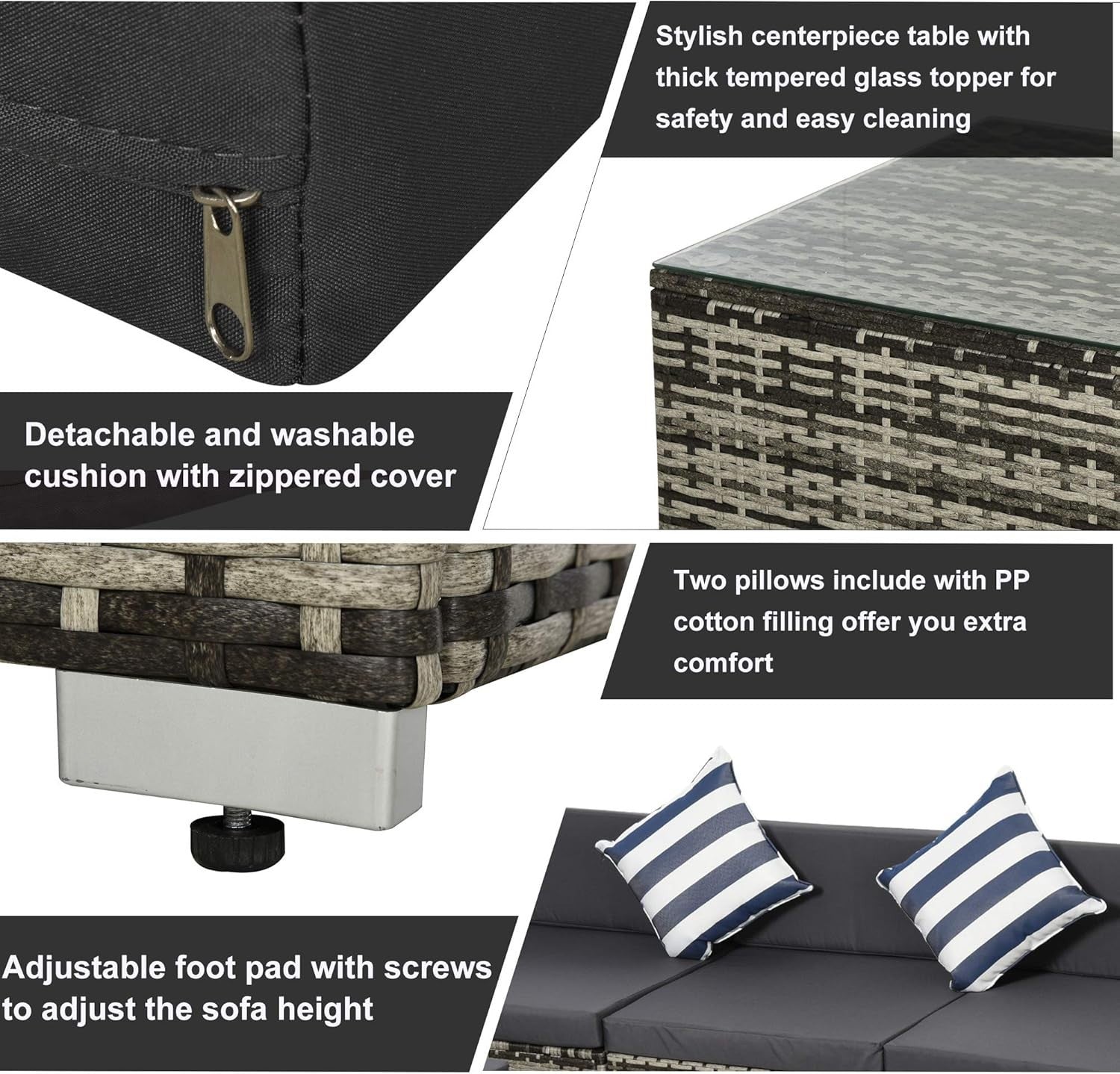 5PC Grey Rattan Outdoor Patio Sofa Set Modular Cushions Glass Table