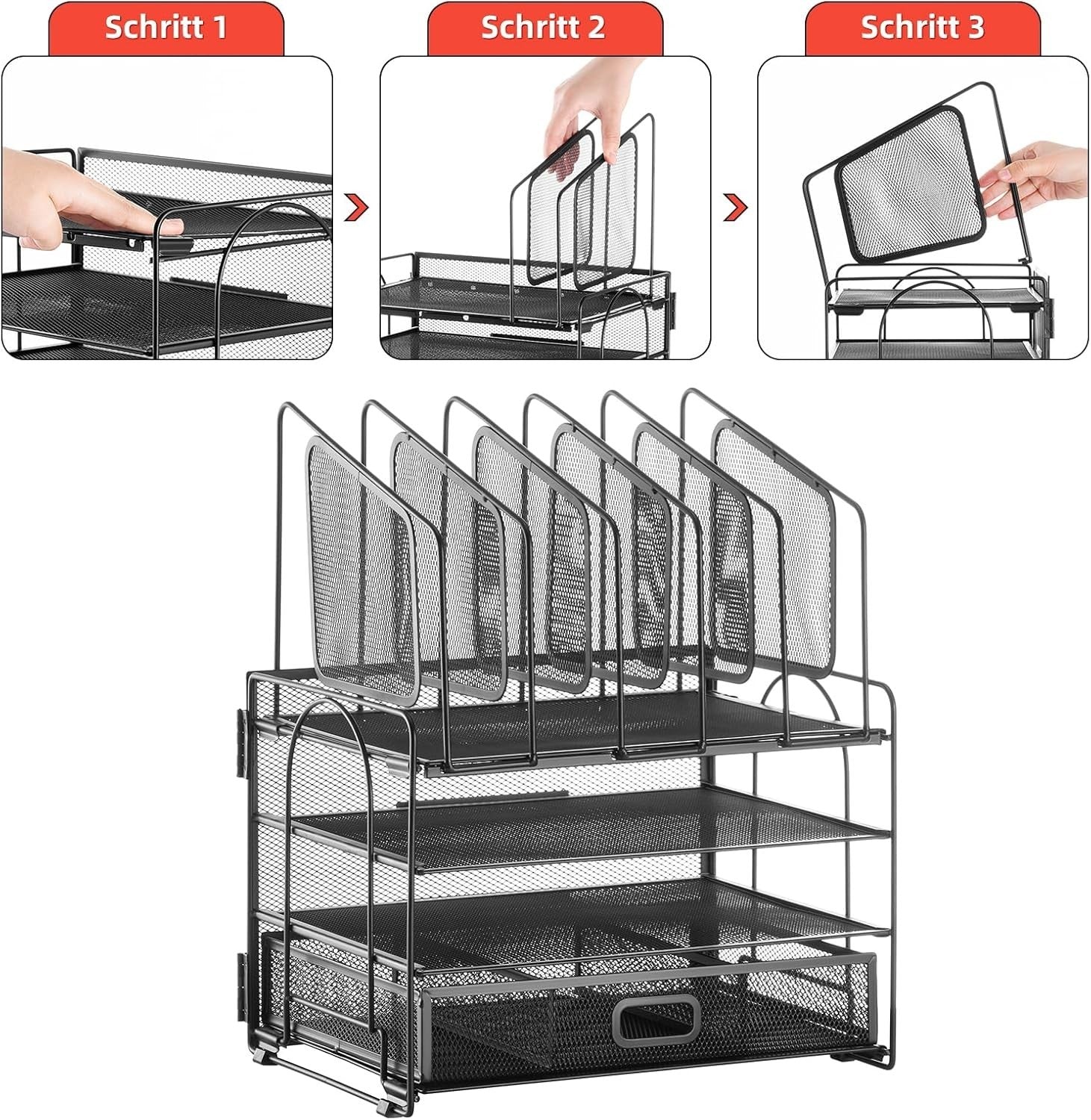 4-Tier Desk Organizer Tray with Drawer, 5 Vertical File & Pen Holders