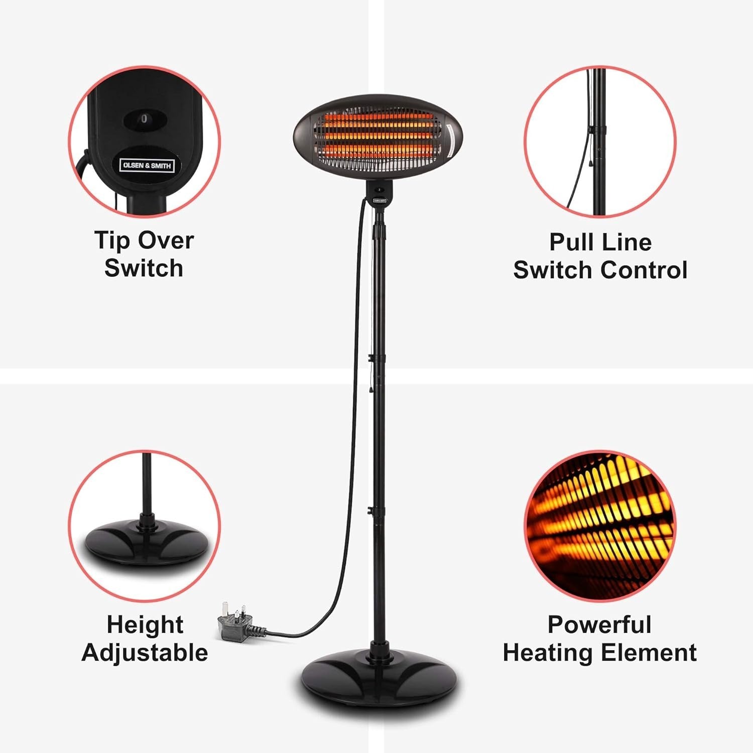 Outdoor Electric Patio Heater 2KW Freestanding Quartz Waterproof 3 Heat Settings