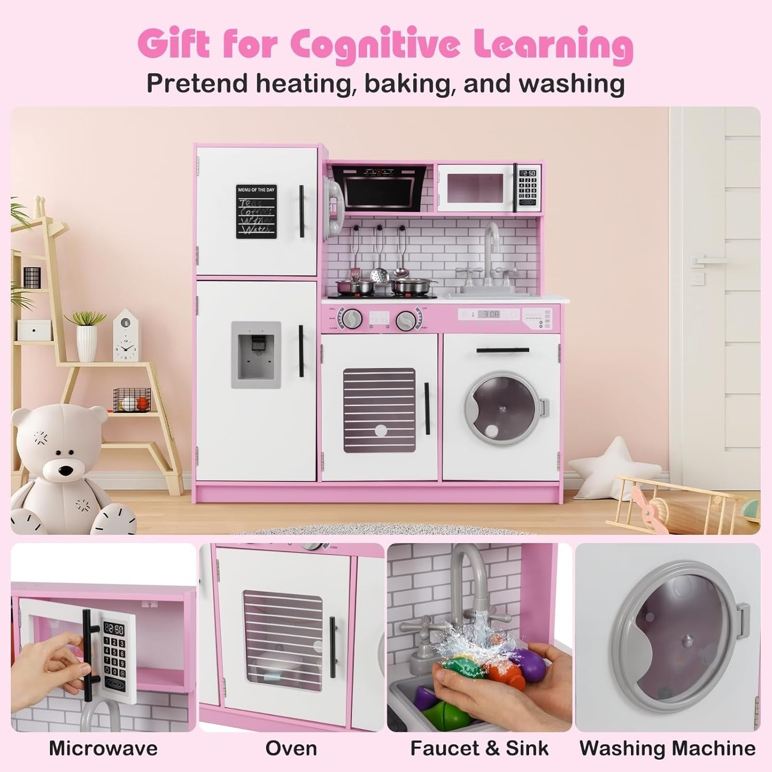Kids Wooden Play Kitchen Lights Sounds Washing Machine Pink Toy