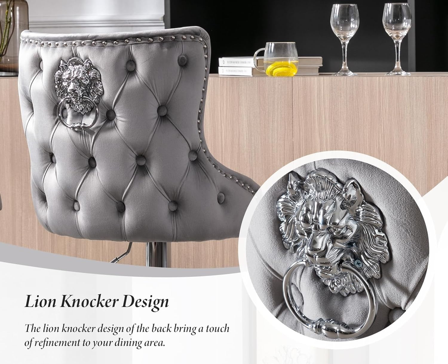 Luxury Velvet Bar Stools Set of 2 – Adjustable Swivel, Lion Accent, Grey
