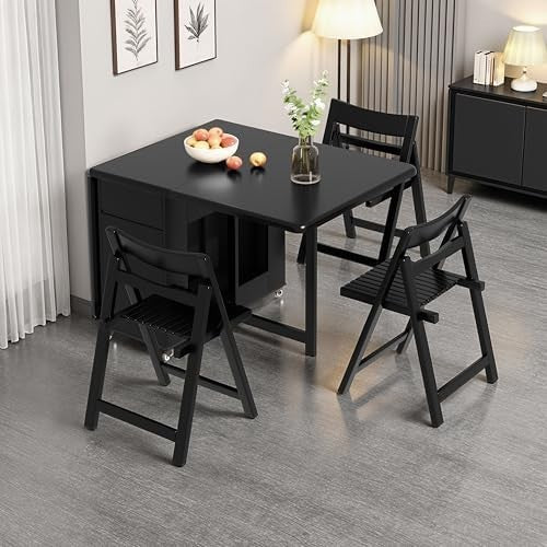 Folding Dining Table Set with Storage Drawers & 6 Chairs Black Wood