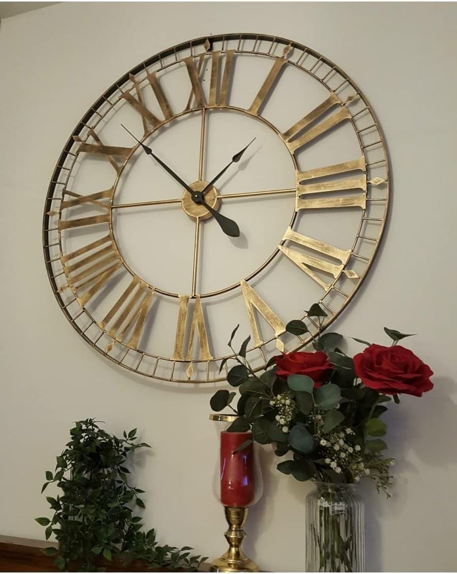 88cm Rustic Gold Skeleton Wall Clock Large Roman Numerals Living Room