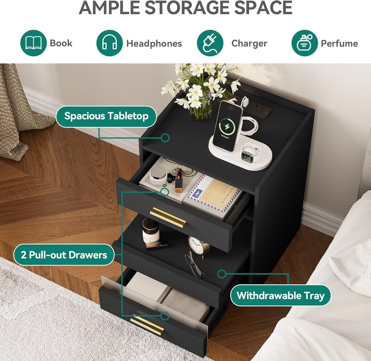 Modern Black LED Bedside Table with 2 Drawers & Tempered Glass