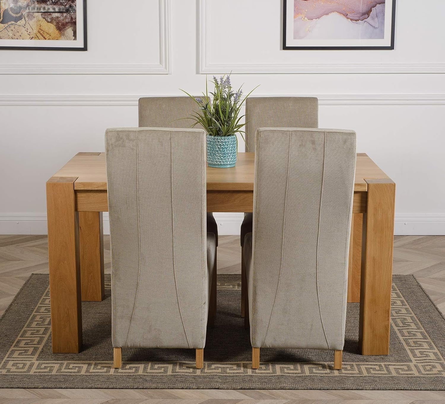 Chunky Oak Dining Table Set 4 Grey Fabric Chairs Solid Wood 150cm