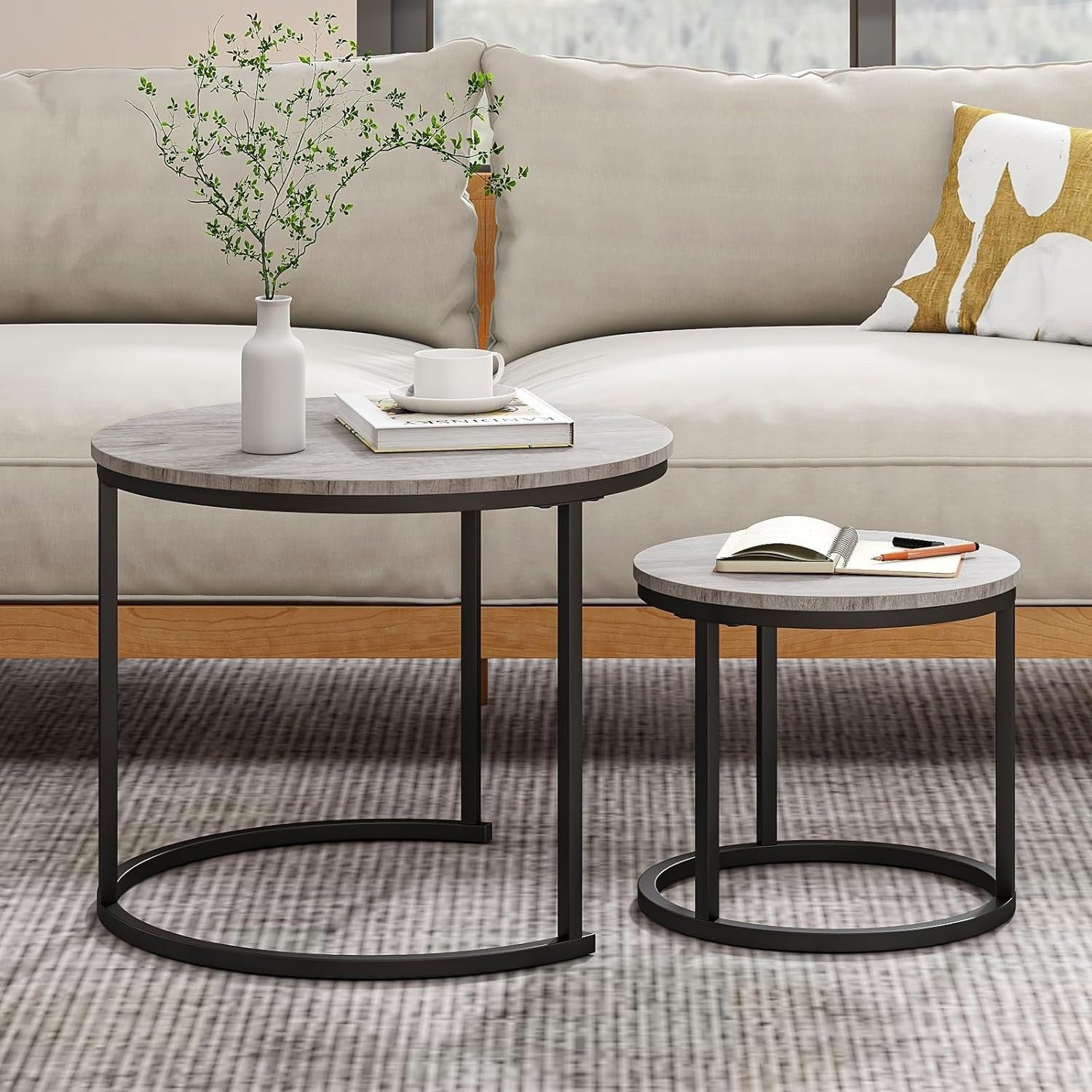 Round Nesting Coffee Table Set of 2 – Modern Space-Saving Side Tables, Metal
