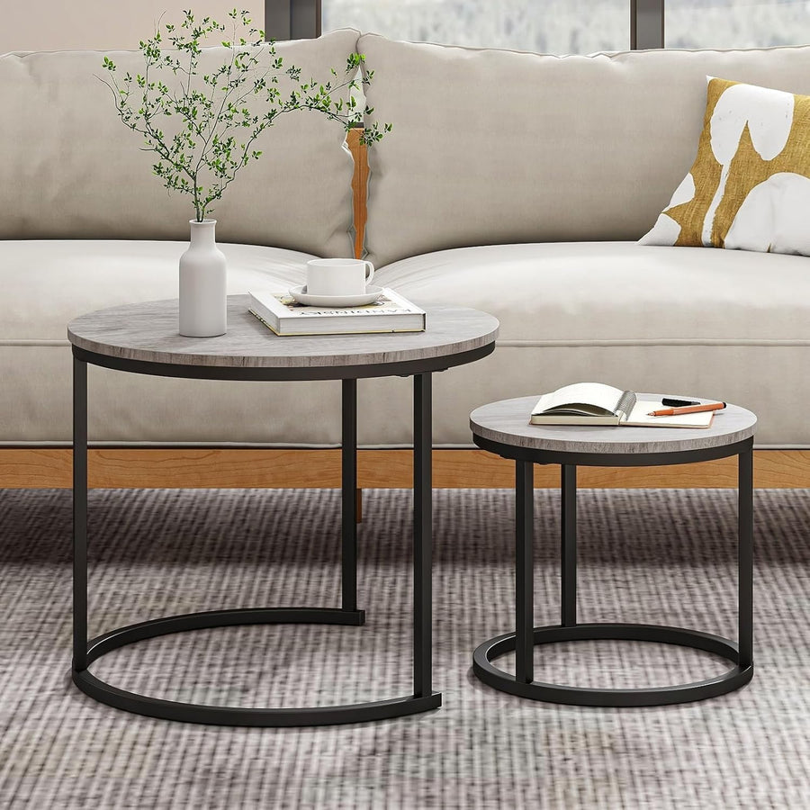 Round Nesting Coffee Table Set of 2 – Modern Space-Saving Side Tables, Metal