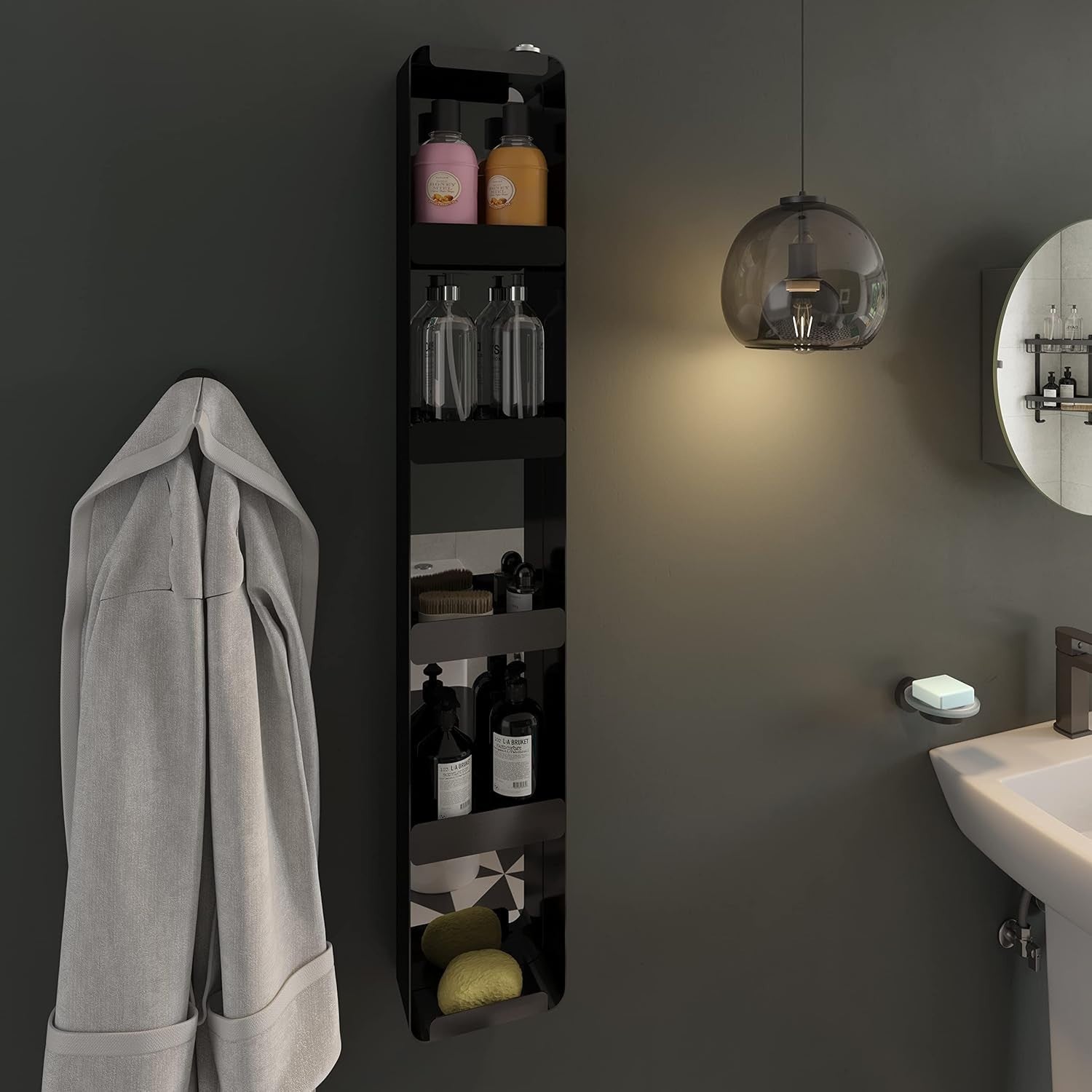 Tall Bathroom Mirror Cabinet Lockable 4 Shelves Matt Black Storage