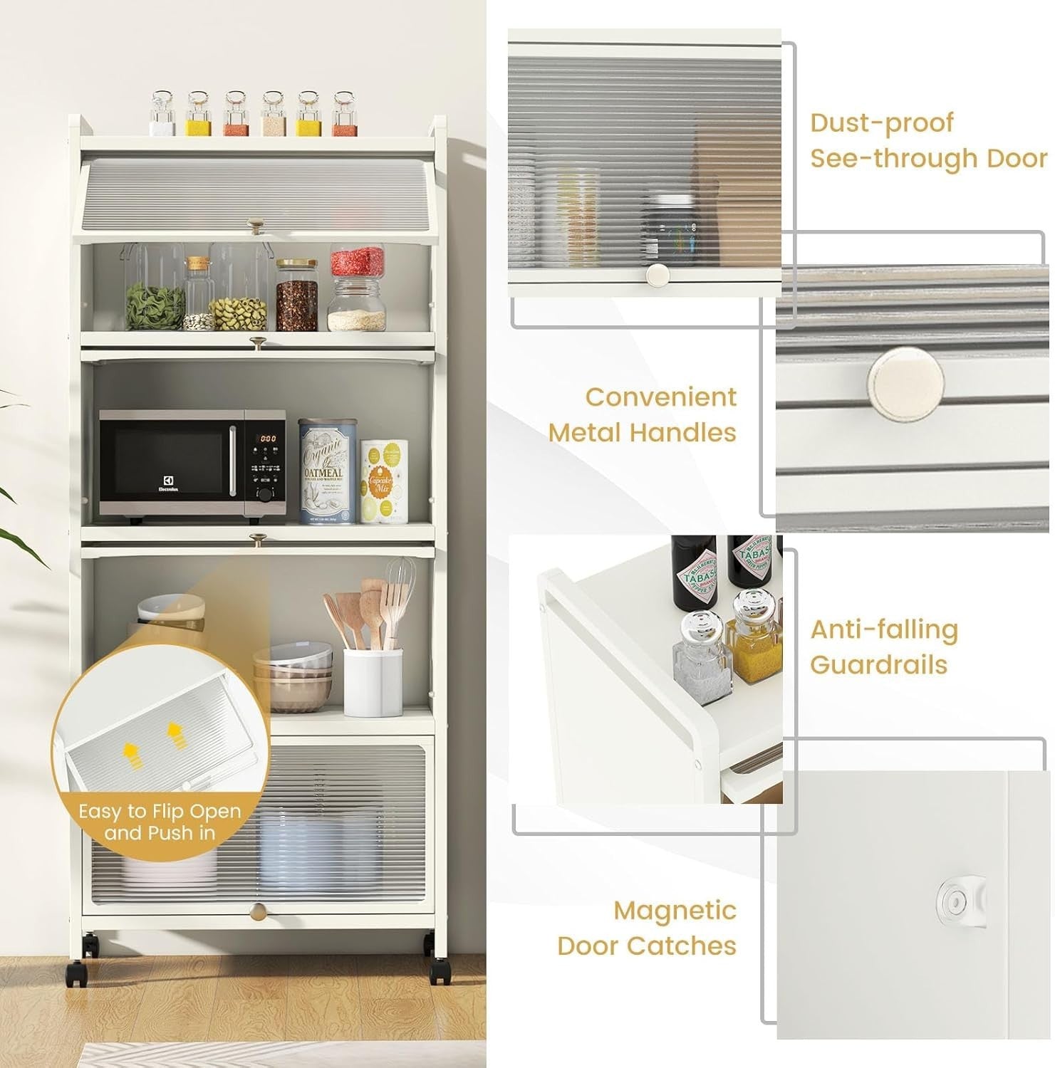 60x32x154cm White Rolling Kitchen Cabinet 5-Tier Pantry Storage with Wheels