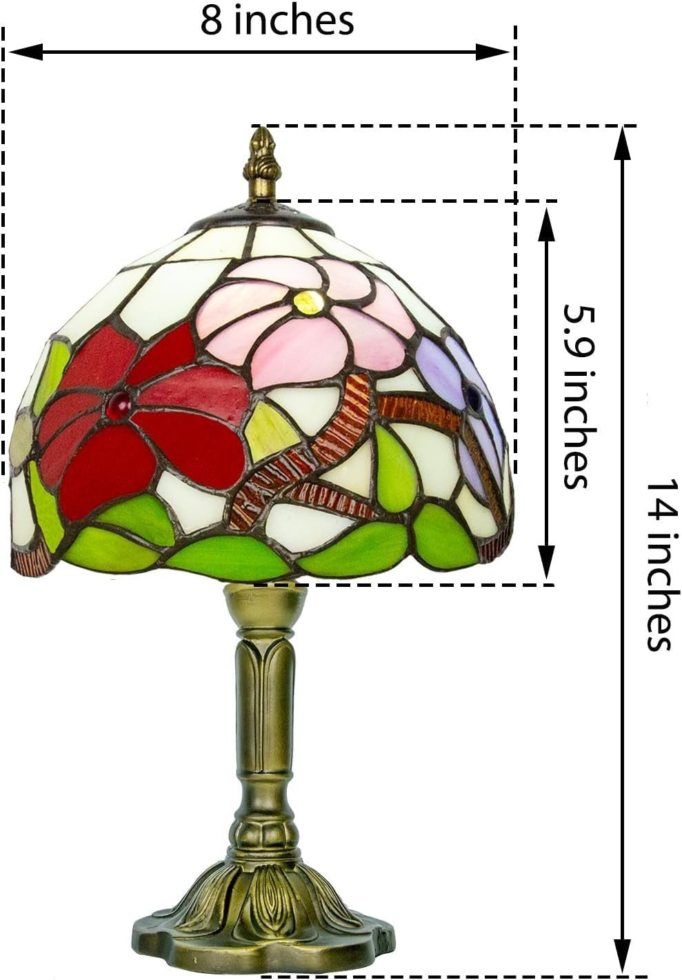 8x5x10in Stained Glass Table Lamp Red Rose Art Deco 3 Light Modes