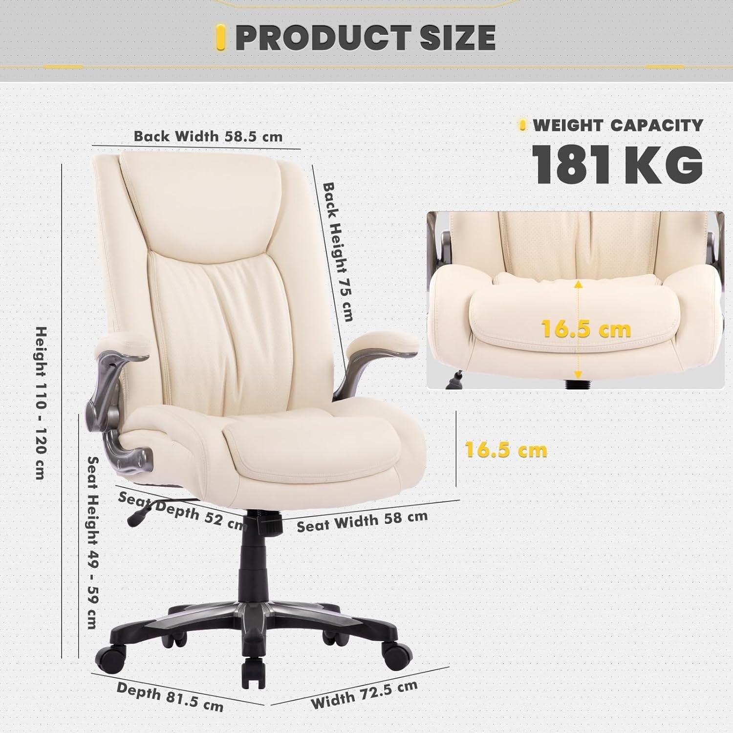 Big & Tall Office Chair Ergonomic Desk Seat 400lbs Wide PU Leather Ivory