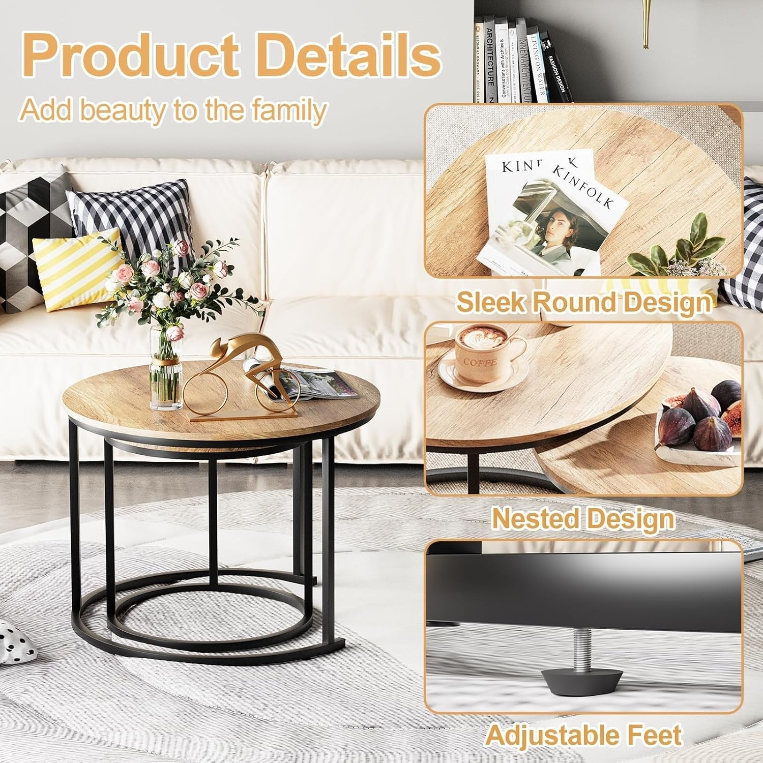 Round Nested Coffee Table Set of 2, Natural Brown Wood, Metal Frame, End Side Ta