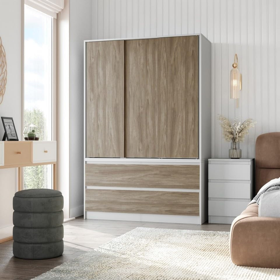 Sliding Door Wardrobe 4 Drawer Oak White Storage Rail Bedroom Closet