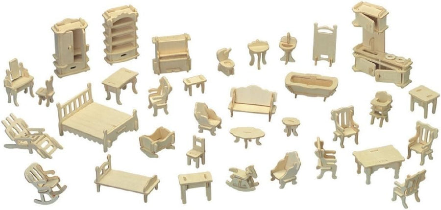 Wooden Dollhouse Furniture Set - 34 Pieces Miniature DIY Kit, Paintable