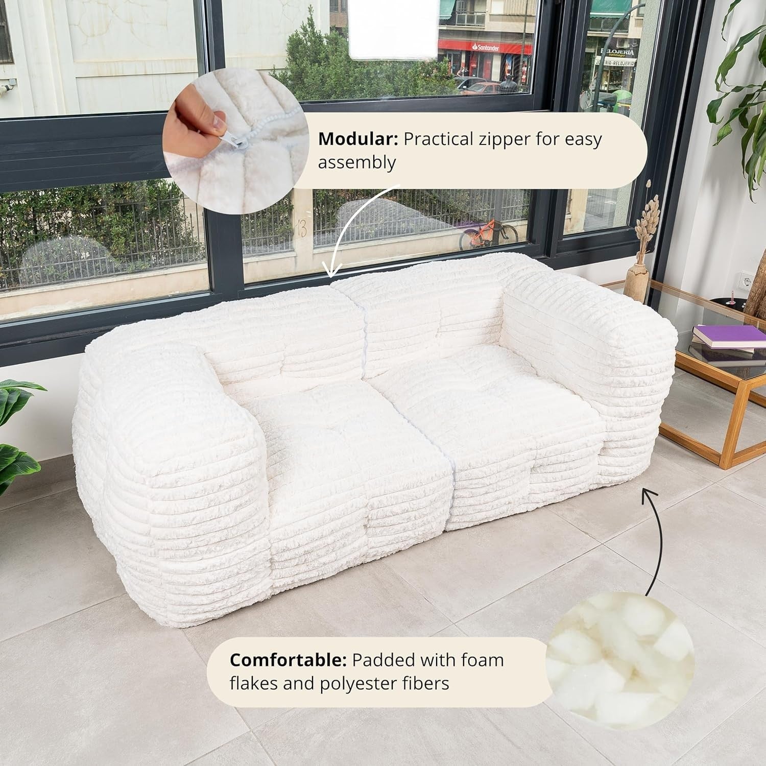 Modular 3 Seater Faux Fur Sofa Bed w/ Detachable Bean Bags, Soft & Plush