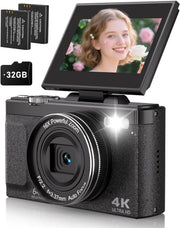 4K 64MP Digital Camera Flip Screen Vlogging Camera 32GB 2 Batteries