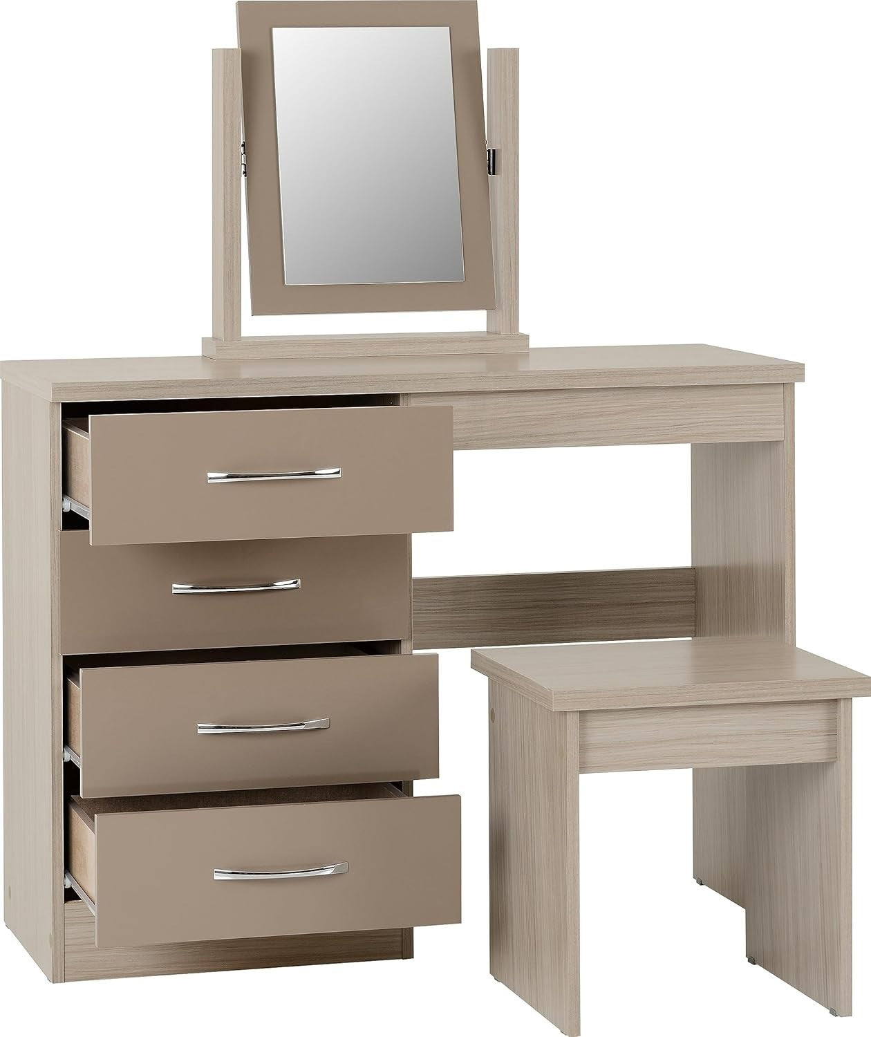 Modern Dressing Table Set Glass Top 4 Drawer Stool Mirror Light Oak Veneer