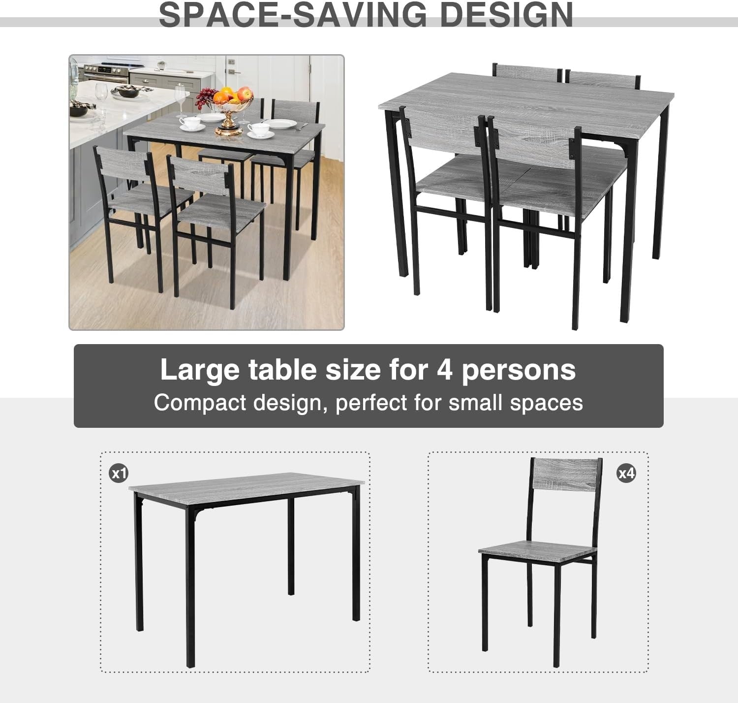 Modern Grey Dining Table Set 5-Piece, Compact Kitchen & Patio Chairs, Rustic