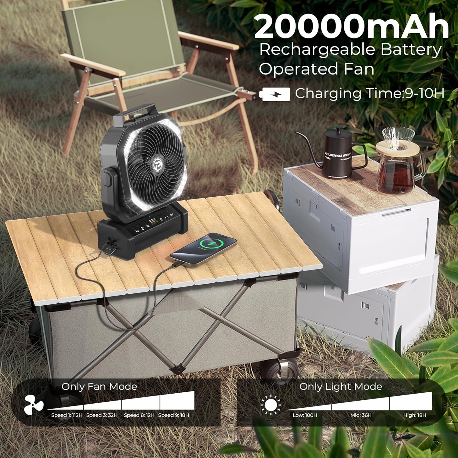 Black Camping Fan – 20000mAh Rechargeable w/ LED Light, 9 Speeds & Remote Timer
