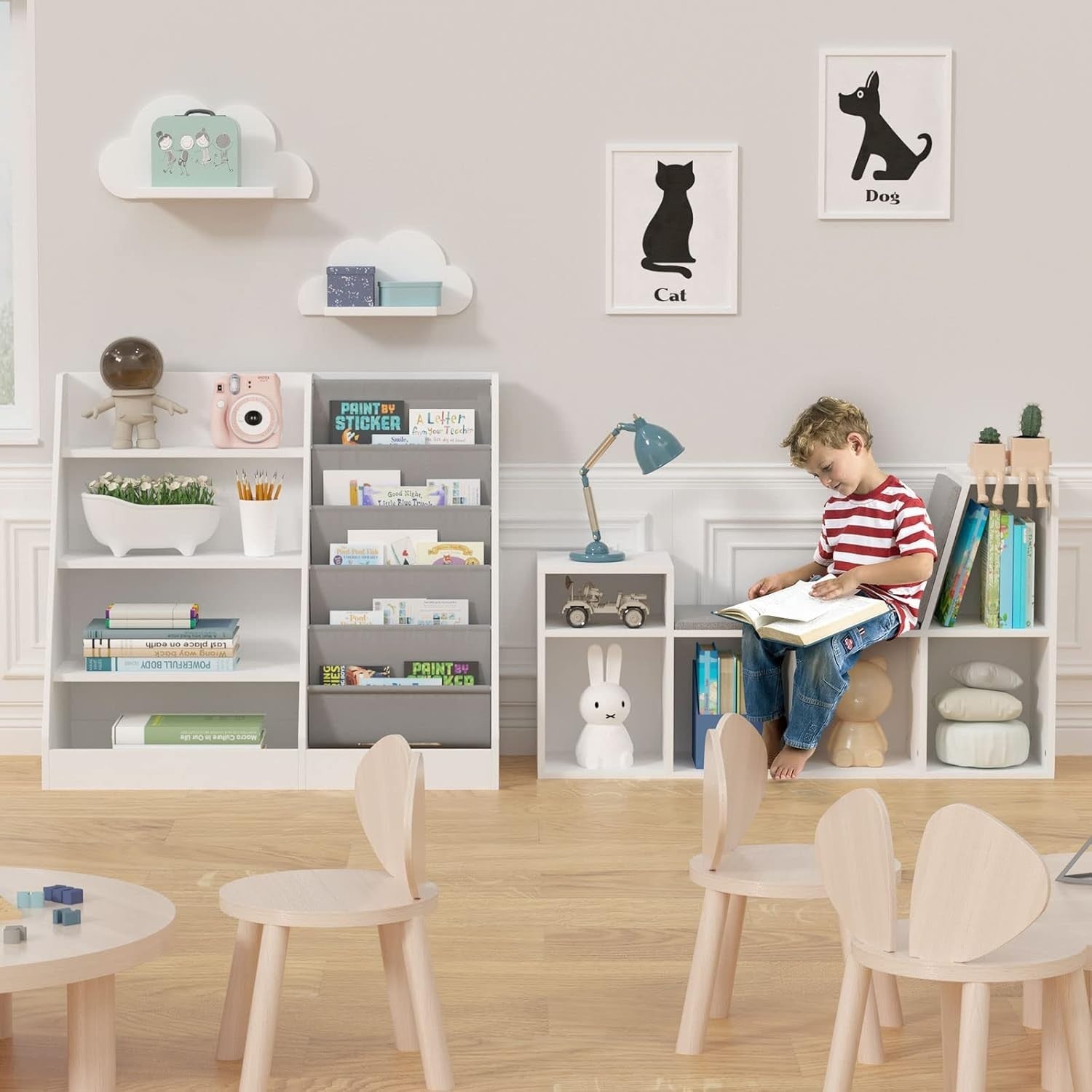 Kids Bookshelf with 5 Sling Pockets & 4 Shelves – Wooden Toy Organizer White