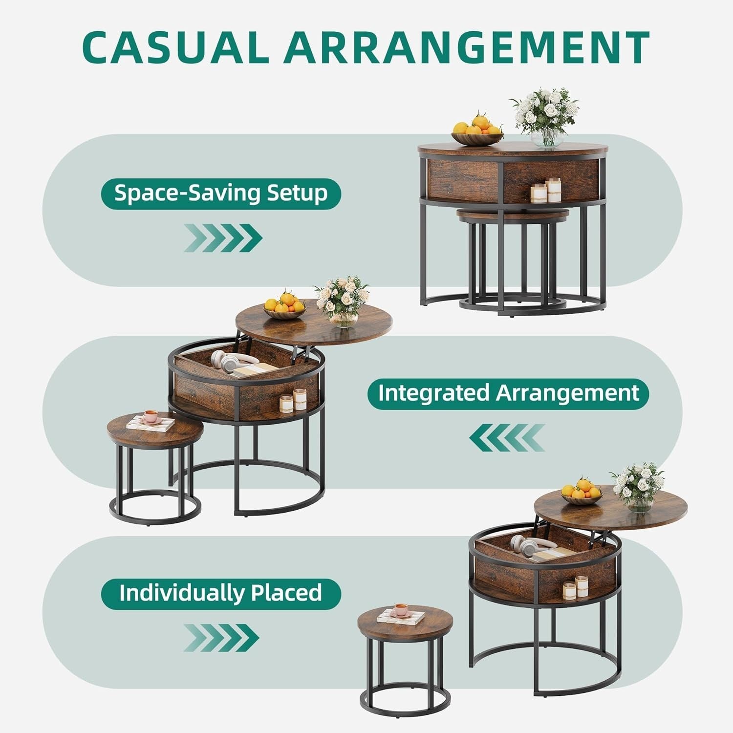 Lift Top Coffee Table Set of 2 Brown Wood Round Nesting Storage Side End