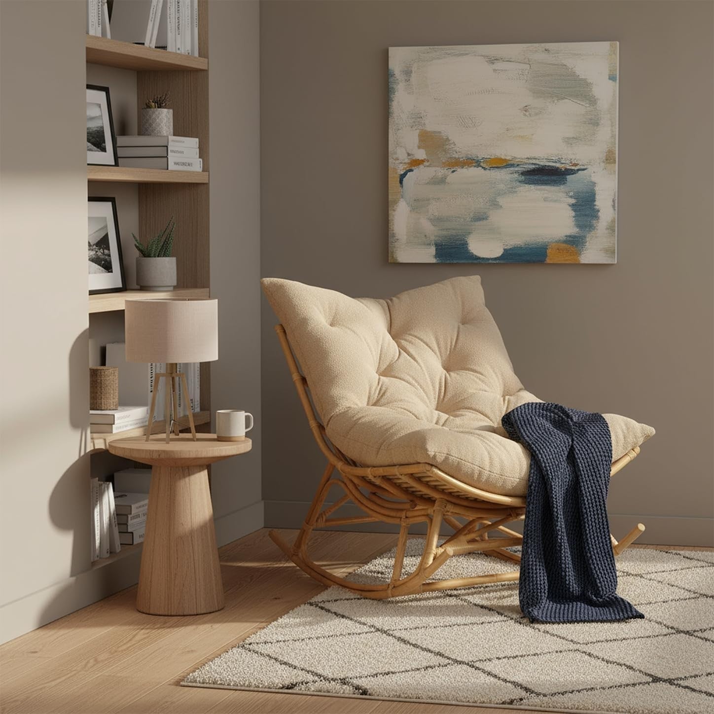 Rocking Papasan Chair Indoor Rattan Moon Chair with Cushion Adjustable Base