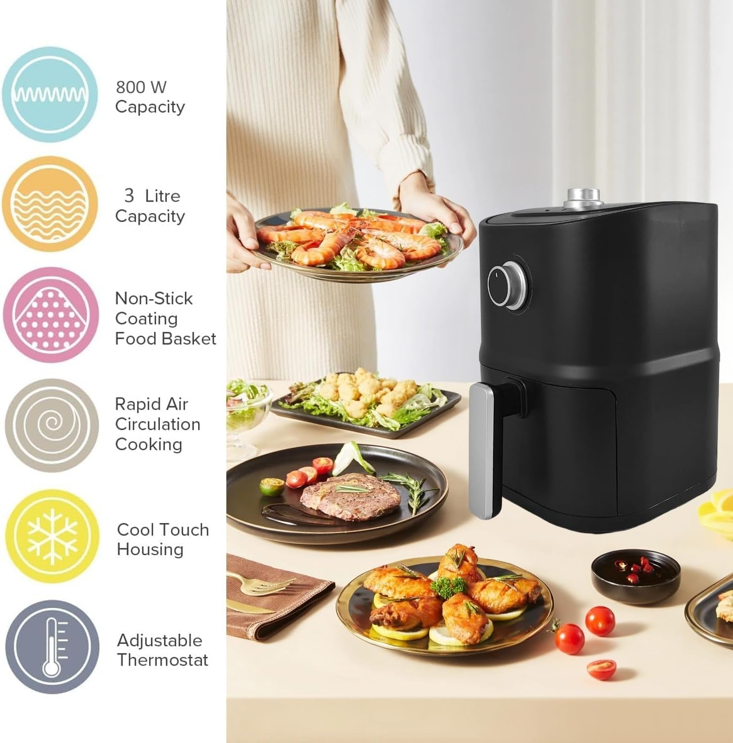 3L Compact Air Fryer 5-in-1 Oven Extra Crisp Low-Fat Cooking Non-Stick Dishwashe
