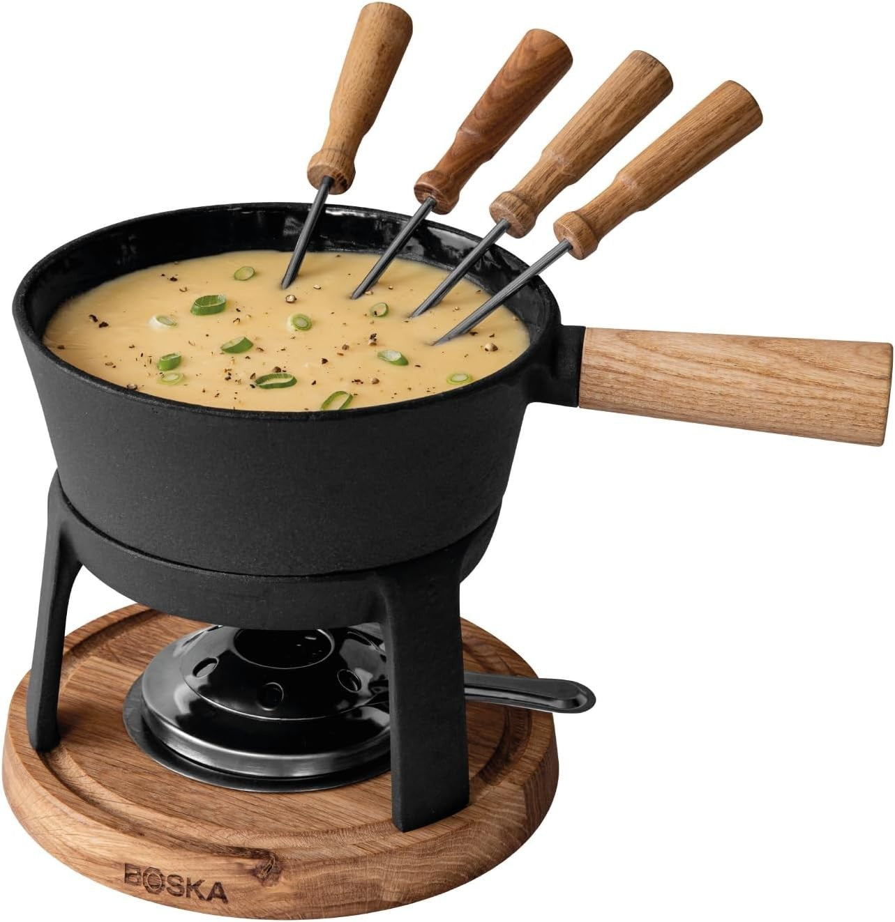 Cast Iron Cheese Fondue Set 1.2L Pot 4 Forks Tea Light Burner