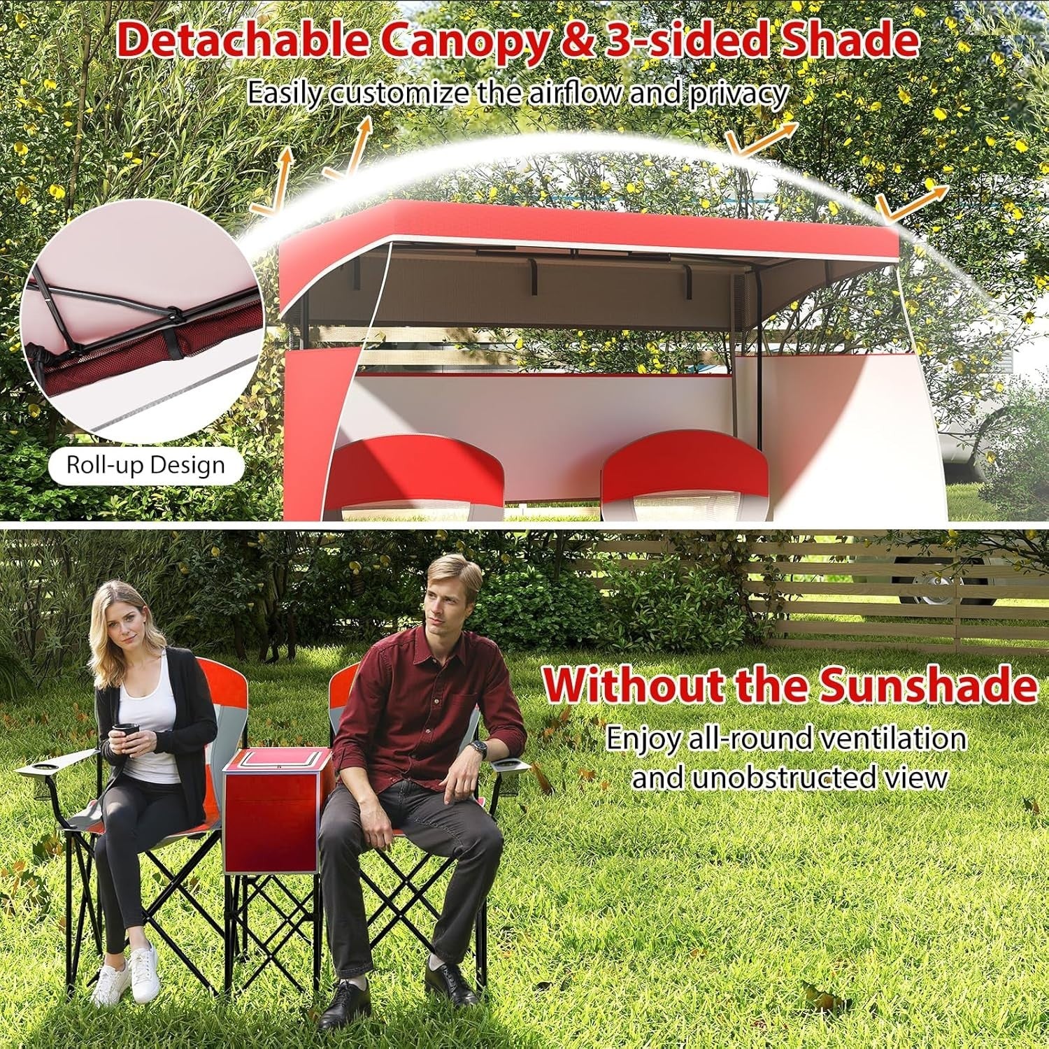 Red Folding Camping Loveseat w/ Canopy, Cup Holders & Cooler Bag, 2 Seat