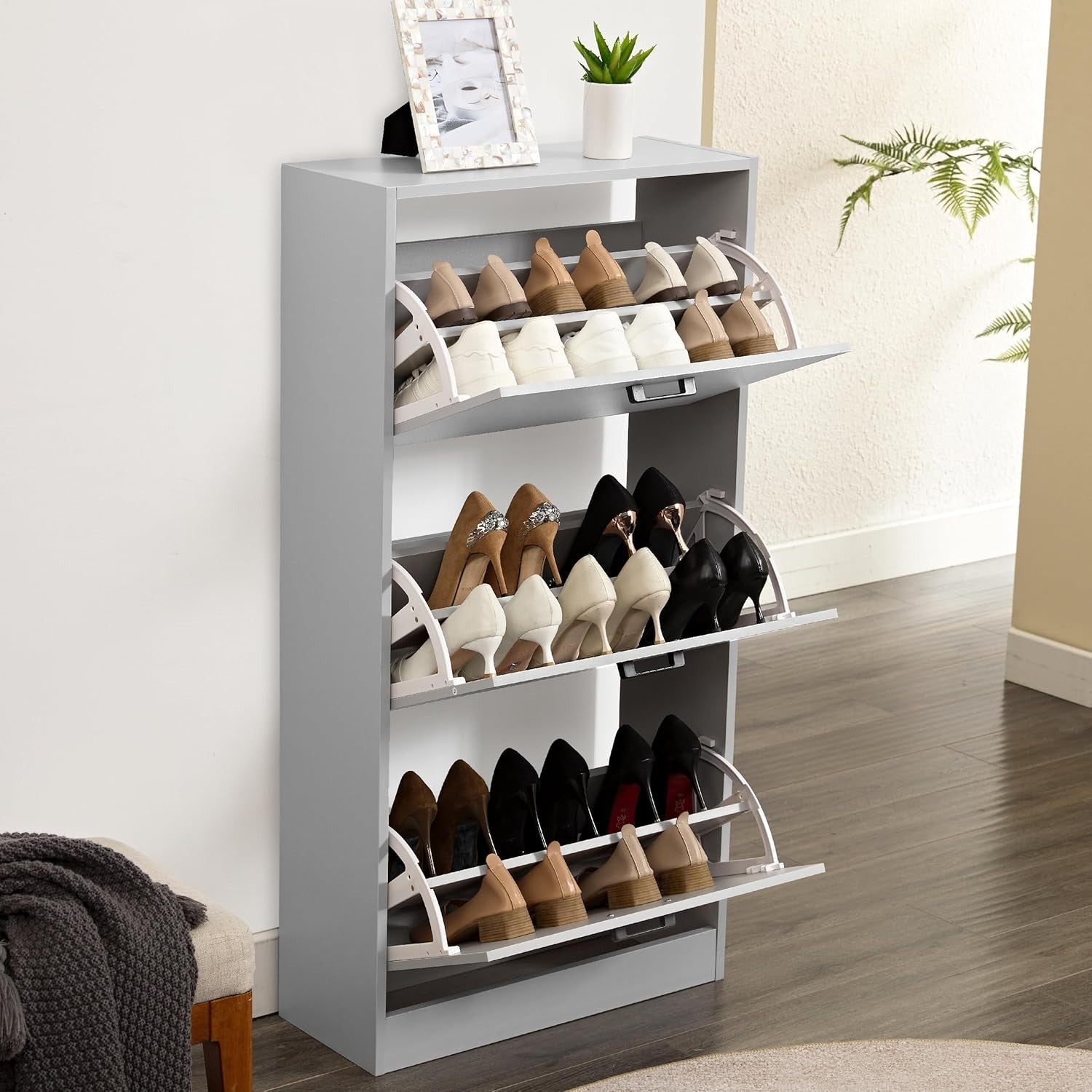 3 Tier Shoe Storage Cabinet Light Grey Slim Drawer Unit Hallway Organiser