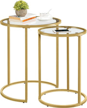Nesting End Table Set of 2 Gold Round Accent Side Tables Tempered Glass Metal