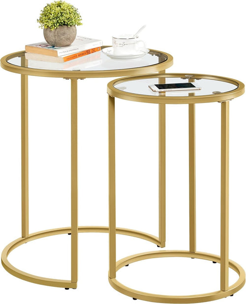 Nesting End Table Set of 2 Gold Round Accent Side Tables Tempered Glass Metal