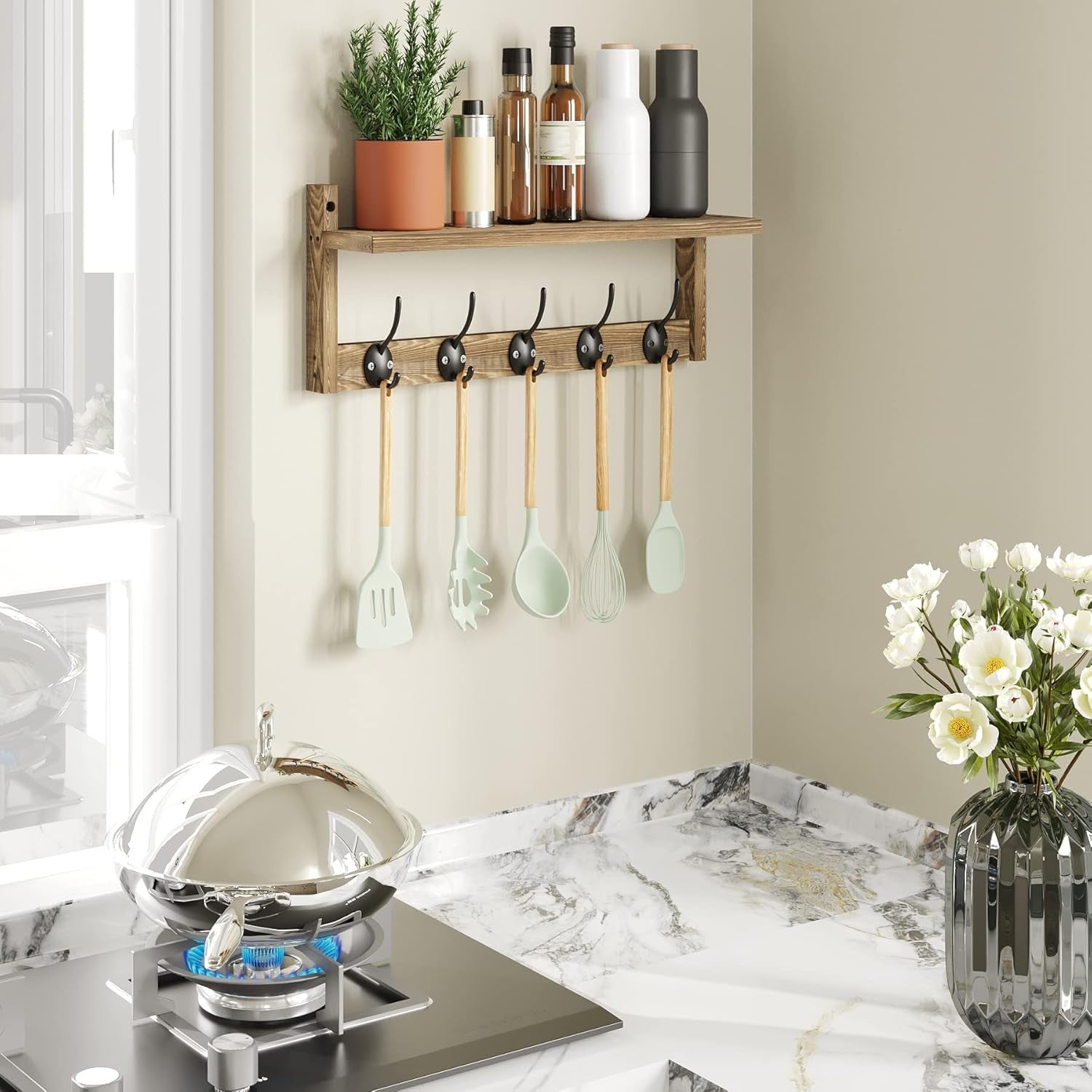 Wooden Wall Coat Rack with Shelf 43.5cm | 5 Hooks for Coats Hats Bags Keys