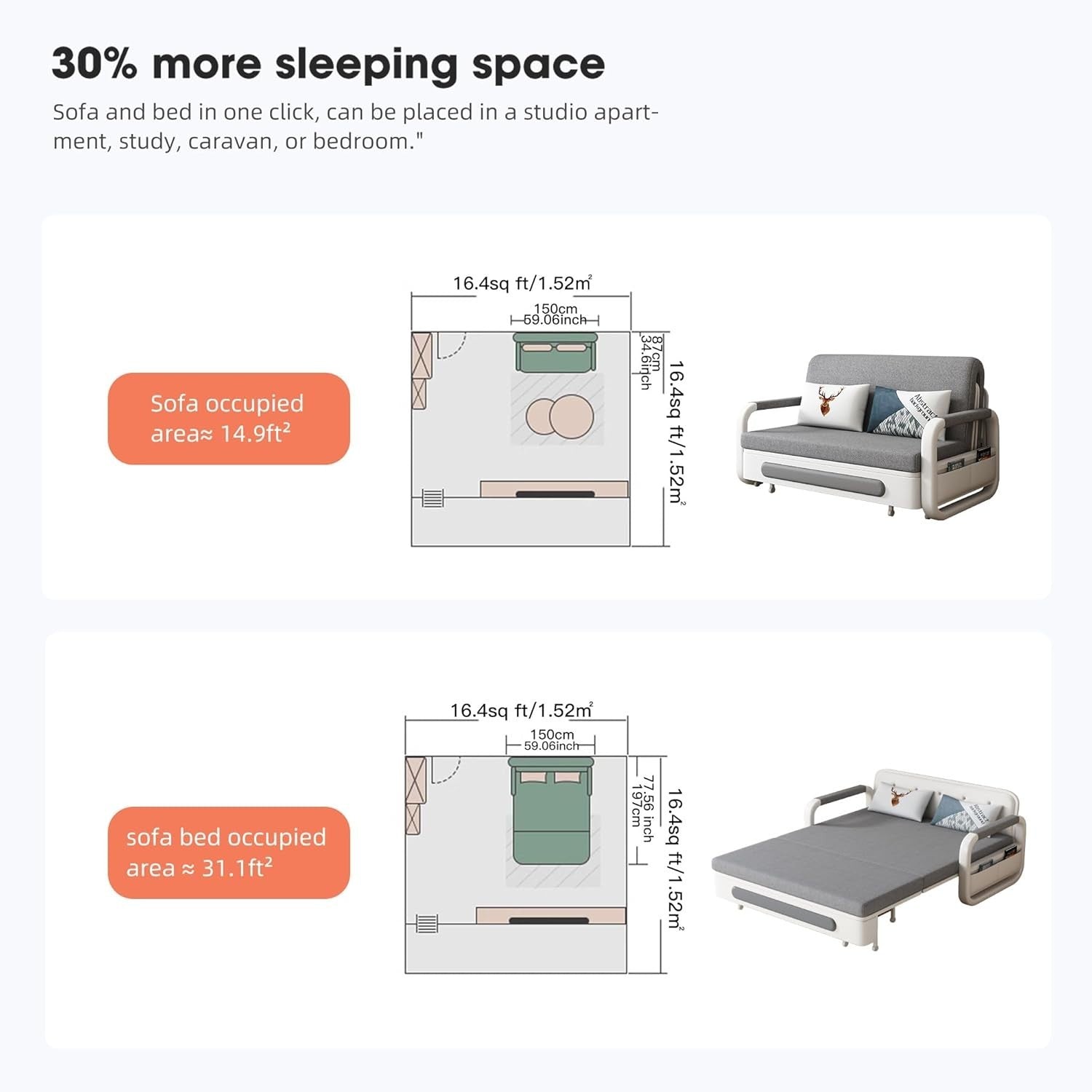 Convertible Sofa Bed Storage Futon Small Spaces Guest Room Grey Modern