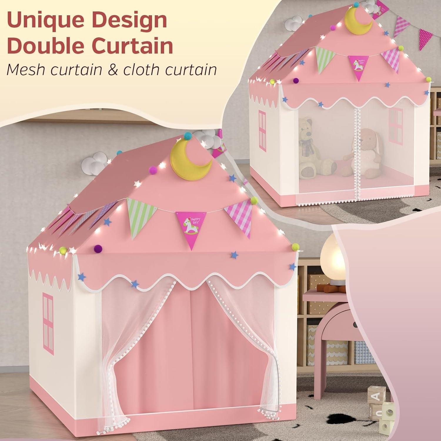 Large Kids Play Tent Indoor Outdoor w Star Lights Double Curtains