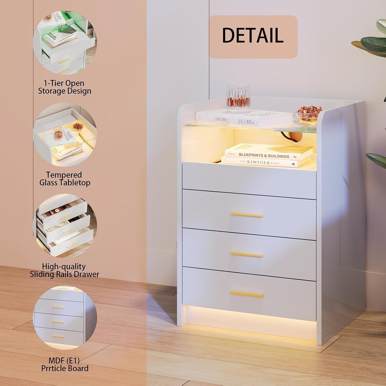 Modern White LED Bedside Table with Power Socket, RGB Light & 3 Drawers