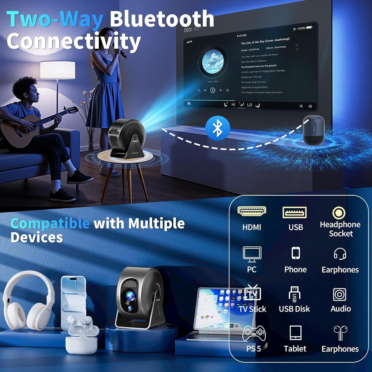 Mini Smart Projector 4K Support Auto Focus WiFi 6 Bluetooth 360°