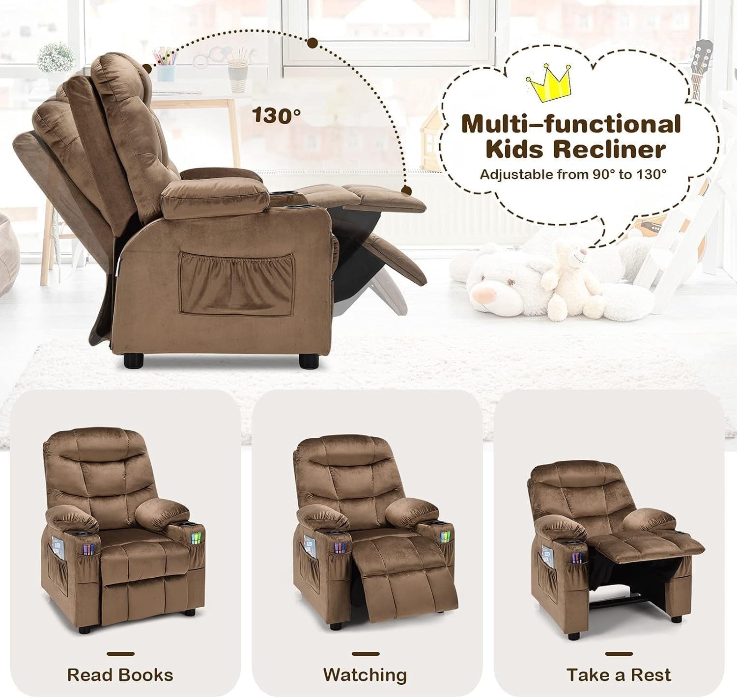 Adjustable Kids Recliner Chair Brown w/ Footrest, Velvet, Cup Holders & Storage