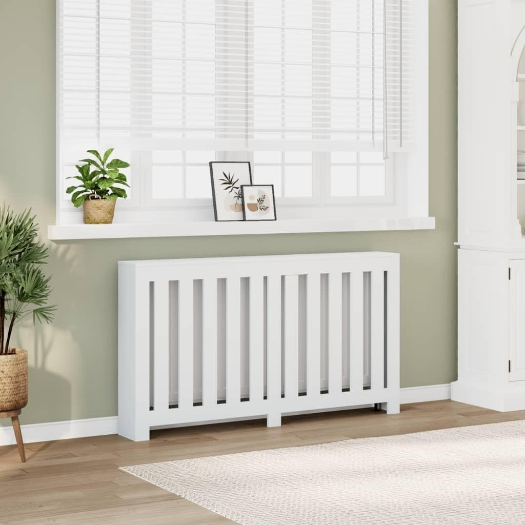White Radiator Cover Shelf | Modern Slatted MDF Cabinet 149x20x82cm