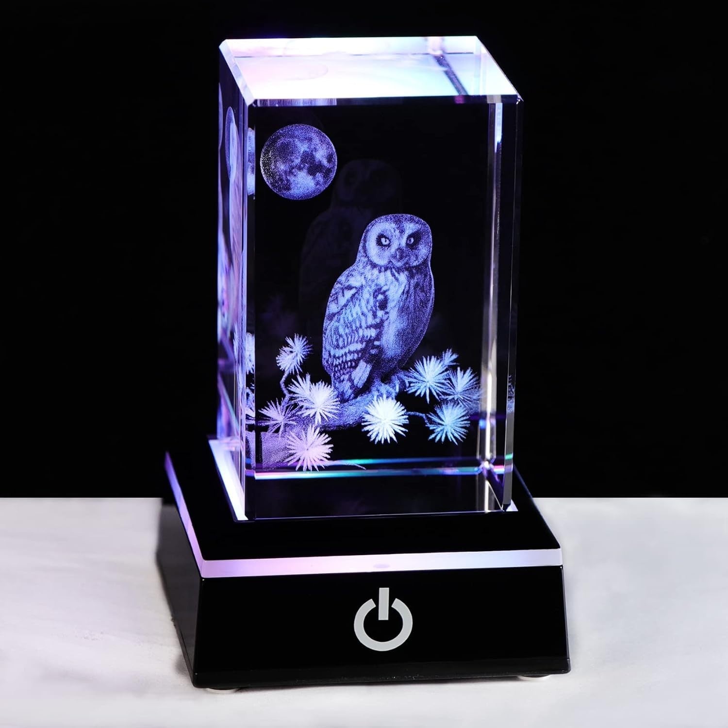 3D Crystal Owl Figurine with LED Base • Engraved Glass Night Light Gift Decor