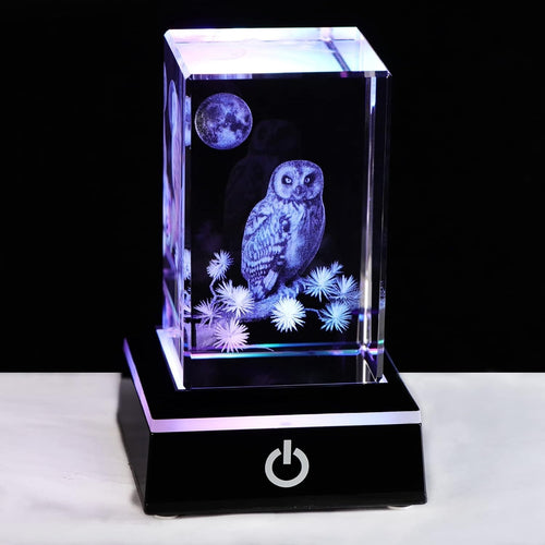 3D Crystal Owl Figurine with LED Base • Engraved Glass Night Light Gift Decor