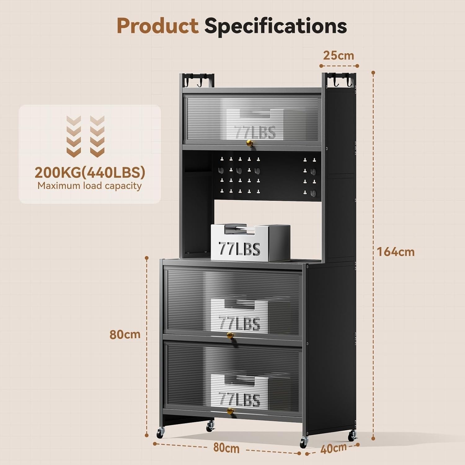 5-Tier Kitchen Storage Cabinet with Flip Door & Wheels Grey | 80x40x162cm