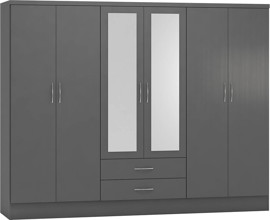 Modern 6-Door Grey Wardrobe with 2 Drawers & Mirror | Spacious, Durable Storage