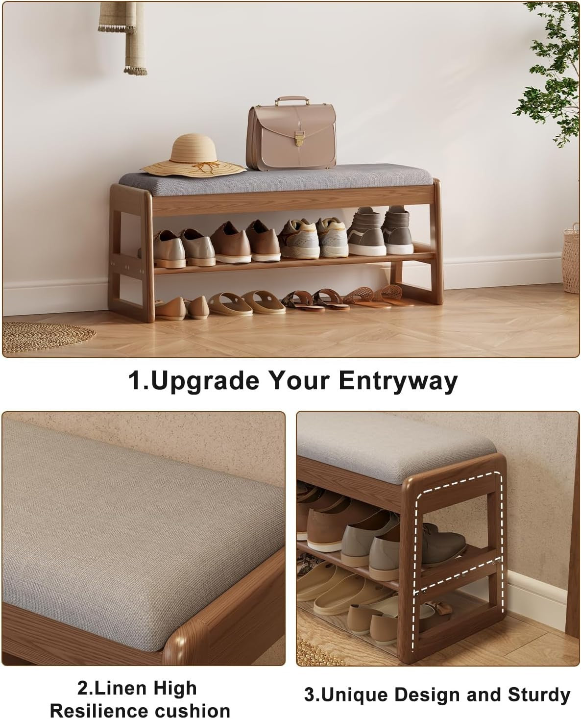2-Tier Wooden Shoe Bench with Flip-Top & Cushioned Seat for Entryway