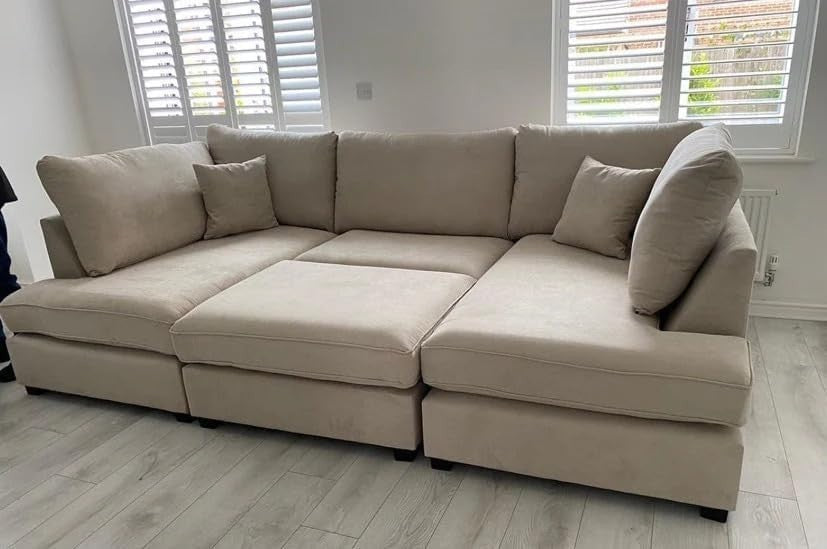 Cream U Shape Sofa 6 Seater High Back Modular Settee with Footstool