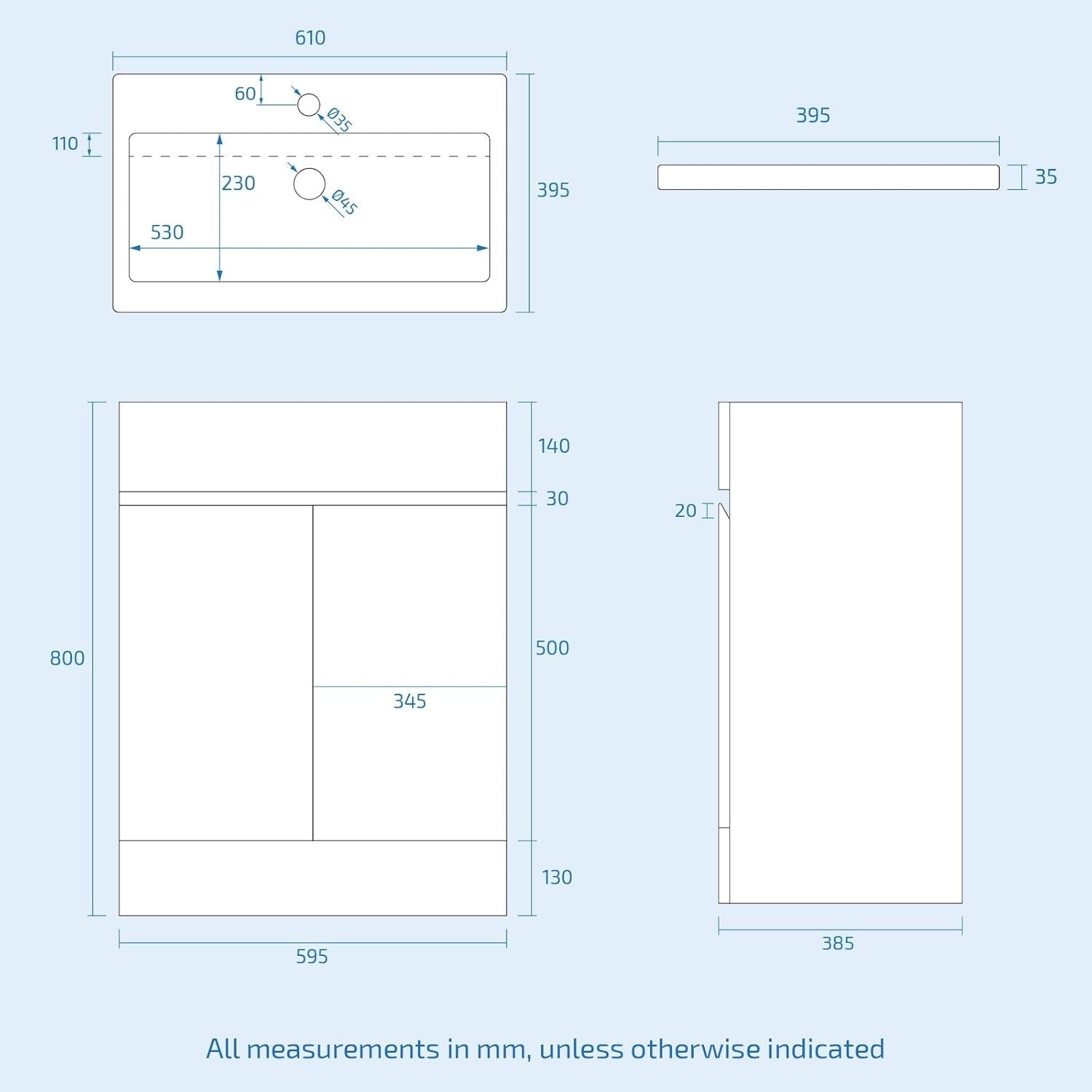 600mm White Bathroom Vanity Unit with Basin Gloss Freestanding Sink Cabinet