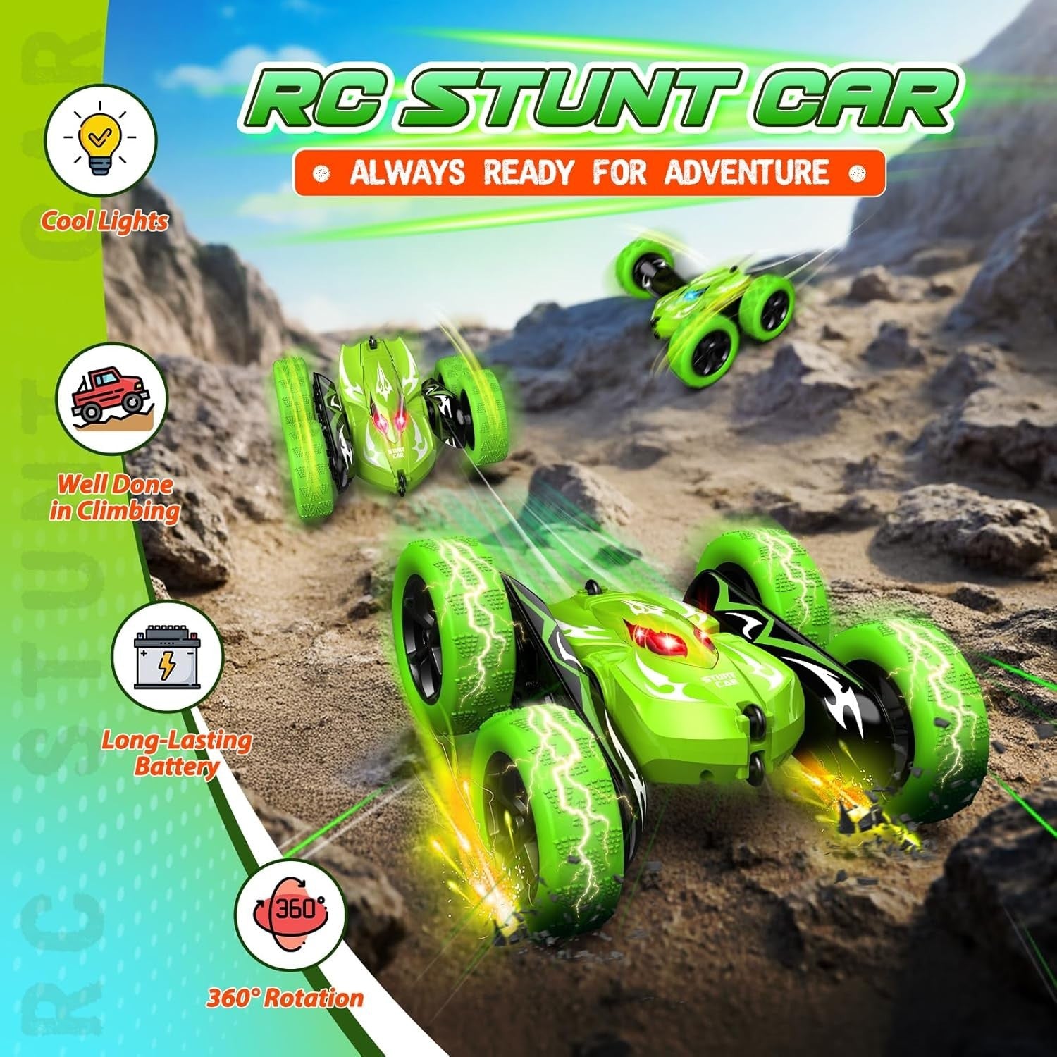 4WD RC Stunt Car 15KM/H Fast USB Rechargeable LED Toy for Boys Age 3–9