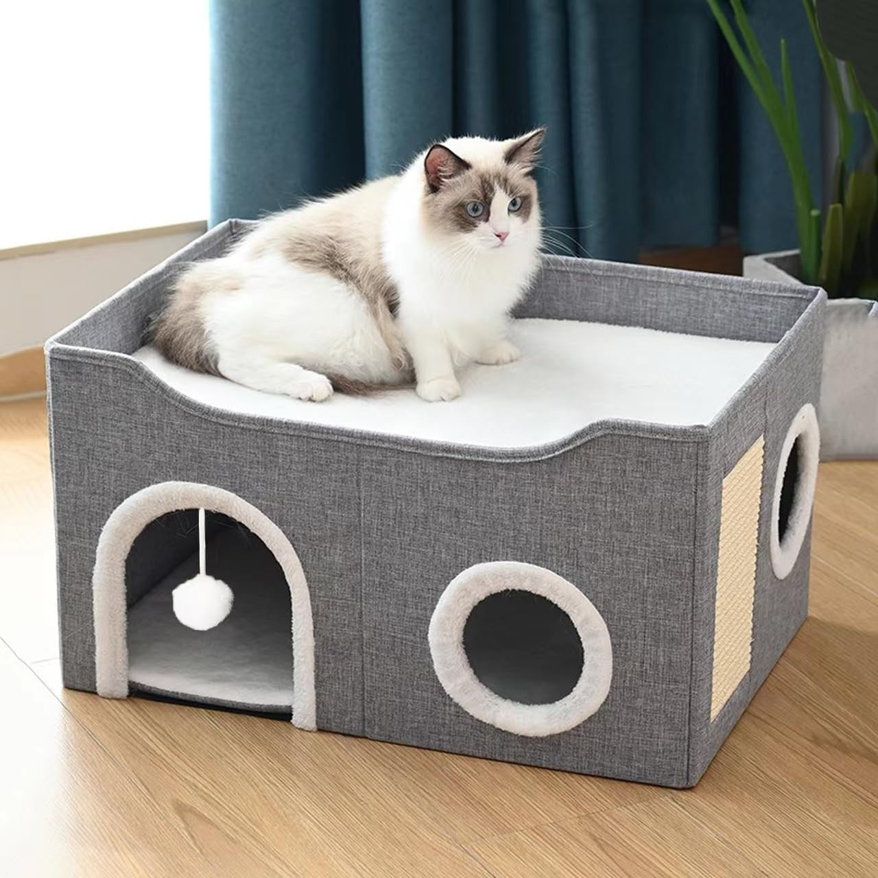 Foldable Cat House Cave Bed with Scratching Board 2 Tier Cat Condo